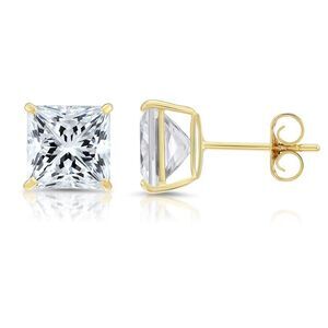 14K Yellow Gold Cubic Zirconia Square CZ Stud Earrings in Basket Setting